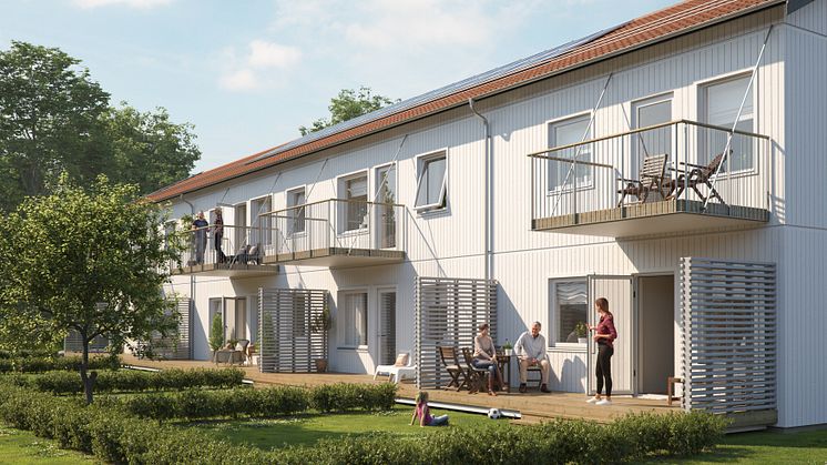 Illustration av trädgårdssida med altaner & balkonger, BoKlok Sierslunden i Varberg. 