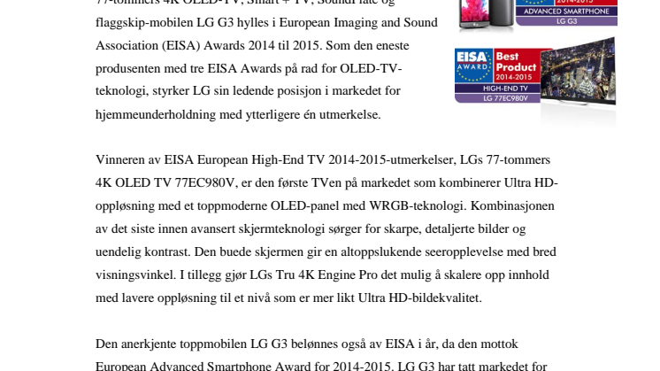 EISA LOVPRISER LGs OLED-TV FOR TREDJE ÅRET PÅ RAD, OG LG G3 ER UTNEVNT TIL ”ADVANCED SMARTPHONE 2014-2015”