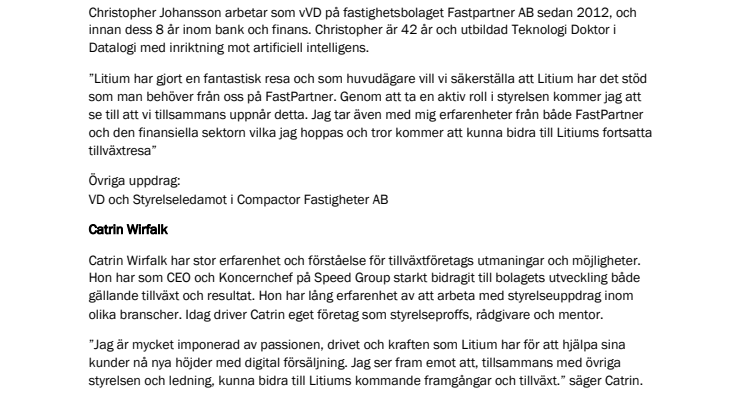 Presentation av styrelsekandidater till Litiums styrelse