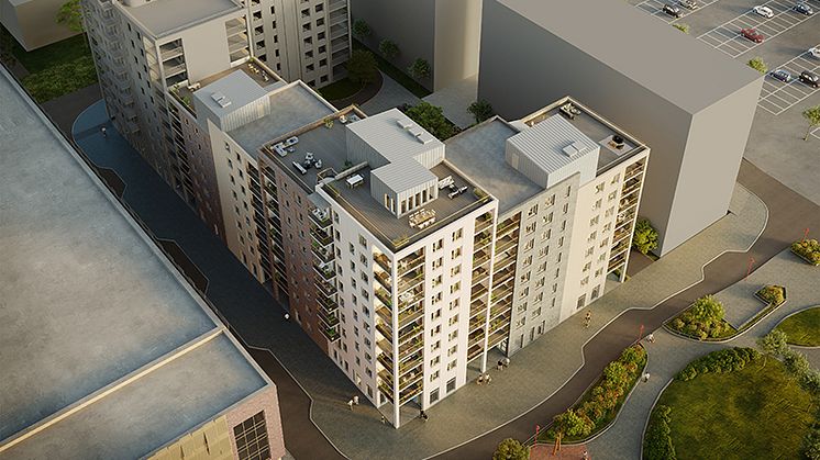 Visualisering av brf Österpark och första etappen brf Österäng intill Österängsparken. 