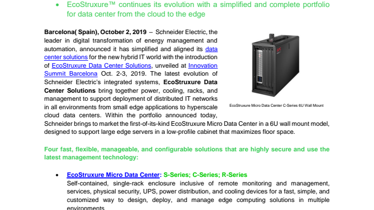 Schneider Electric Solves Edge Computing Challenges with New 6U Wall Mount EcoStruxure Micro Data Center 