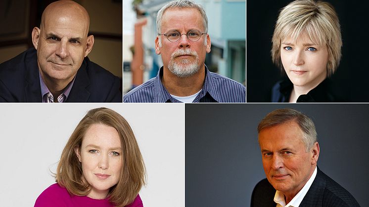 Från vänster övre raden: Harlan Coben, Michael Connelly, Karin Slaughter.  Undre raden: Paula Hawkins, John Grisham. / Foto: Claudio Marinesco / Terrill Lee Lankford / Alison Rosa / Alisa Connan / Michael Lionstar.