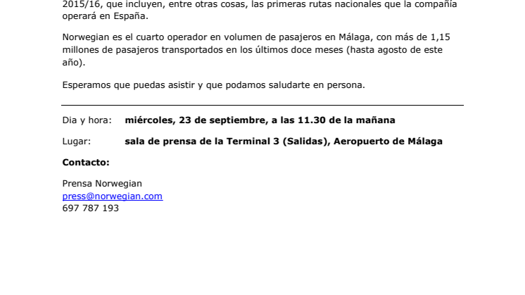 Norwegian Air: convocatoria de prensa en Málaga, miércoles 23 de septiembre, 11.30 de la mañana.