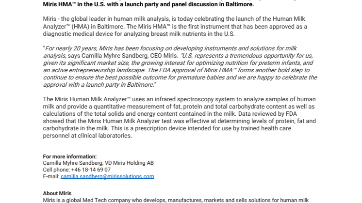 Miris Launches the Human Milk Analyzer™ in the U.S.