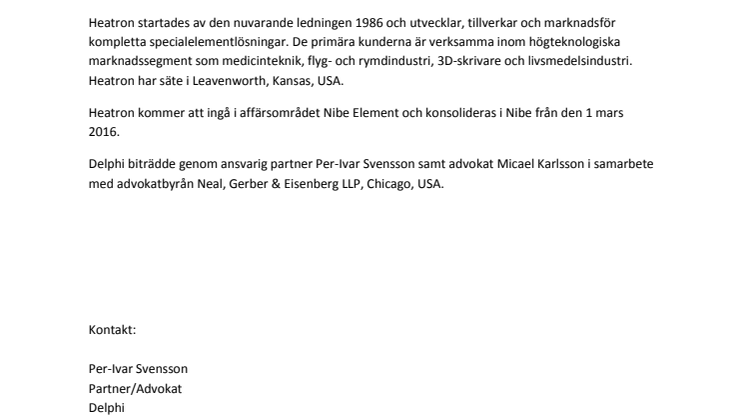 Delphi rådgivare när Nibe Industrier AB (publ) förvärvar Heatron Inc