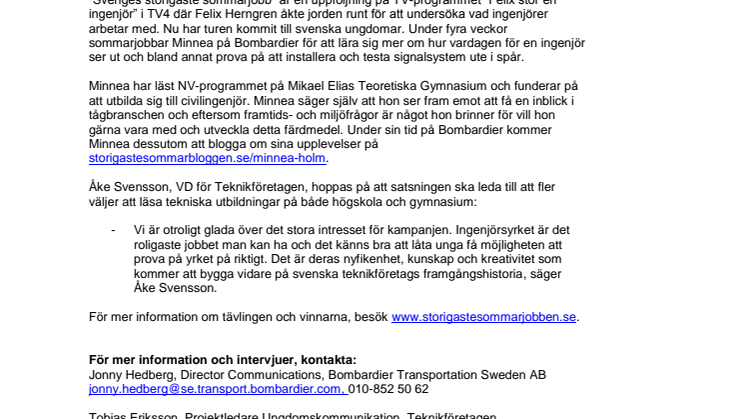Minnea från Solna vann störigt sommarjobb på Bombardier