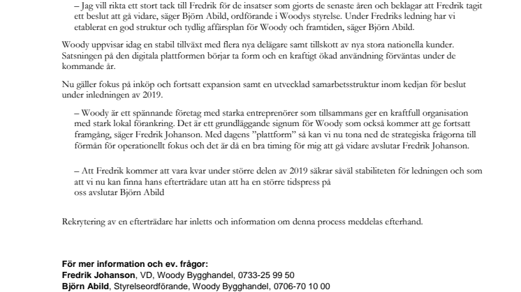 Fredrik Johanson lämnar VD-rollen inom Woody Bygghandel