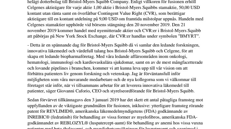 Bristol-Myers Squibb fullbordar förvärvet av Celgene och skapar ett ledande biopharmaföretag
