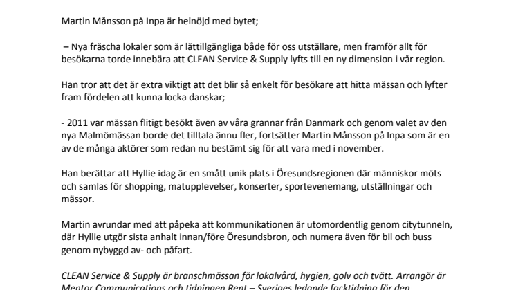 Rengöringsbranschens affärsmässa CLEAN växlar upp till större MalmöMässan