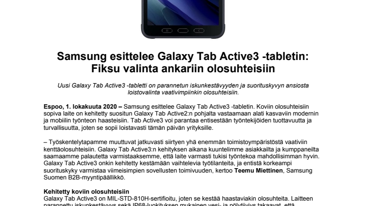 Samsung esittelee Galaxy Tab Active3 -tabletin: Fiksu valinta ankariin olosuhteisiin