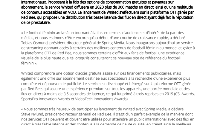 Red Bee et Spring Media Annoncent le Lancement de Wnited, Premier Service de Streaming Mondial Dédié au Football Féminin