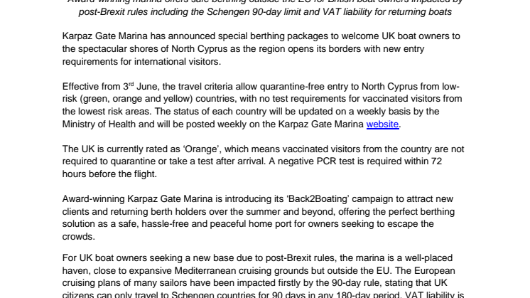 Karpaz Gate Marina Announces ‘Back2Boating’ Packages as North Cyprus Opens its Borders