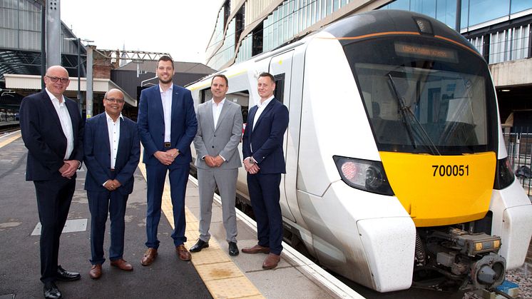 From left: Siemens Mobility's Rob Morris, MD Rail Infrastructure, & Sambit Banerjee, MD Rolling Stock & Customer Services; Ed Akers, NR Principal Programme Sponsor, ECDP; GTR's Aaron Meakin, ERTMS Fleet PM & Steve Lammin, Engineering Director