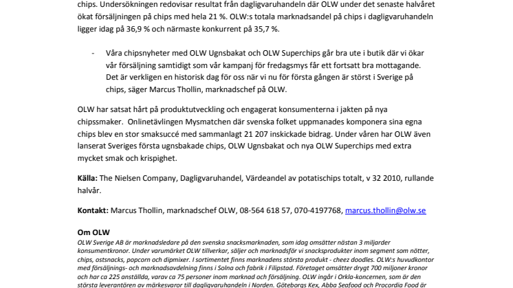 OLW ökar försäljningen och är störst i Sverige på chips 