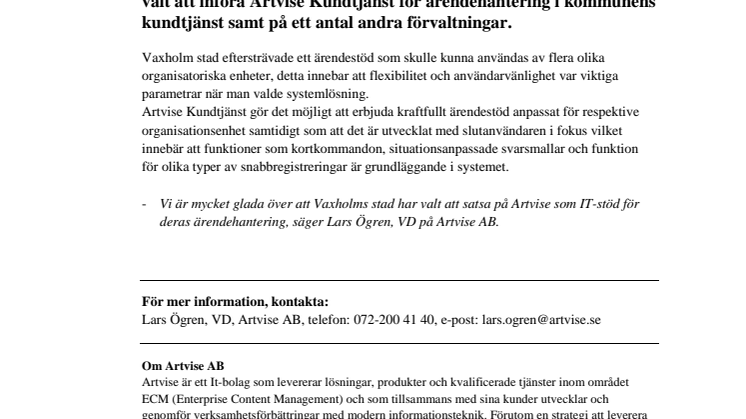 Vaxholms stad inför Artvise Kundtjänst!
