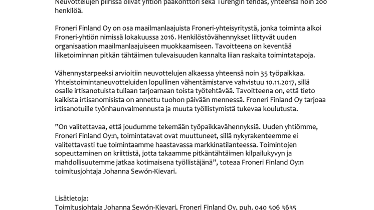 Froneri Finland Oy:n yhteistoimintaneuvottelut ovat päättyneet