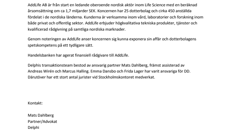 Delphi rådgivare åt AddLife AB vid notering på Nasdaq Stockholm Mid Cap