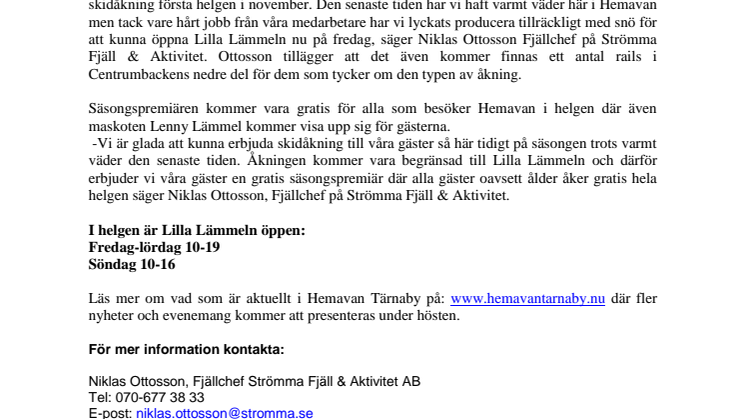 Gratis säsongspremiär i Hemavan