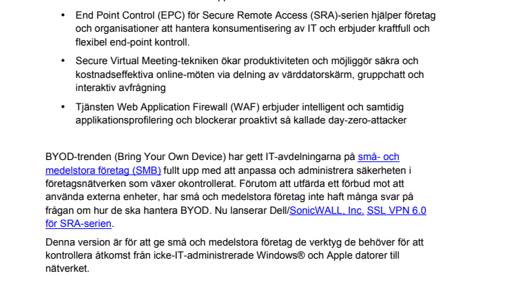 Dell/SonicWALL riktar in sig på "Bring Your Own Device"-trenden för små- och medelstora företag med den senaste versionen av SSL VPN-firmware