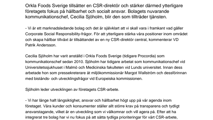 Ny CSR-direktör på Orkla Foods Sverige 
