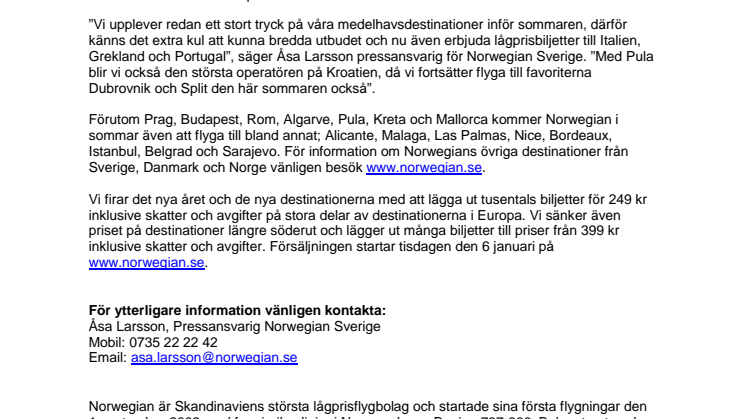 Norwegian lanserar sju nya destinationer i Europa