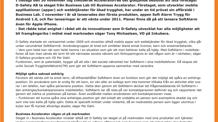 D-Safety går in i fasen Business Accelerator
