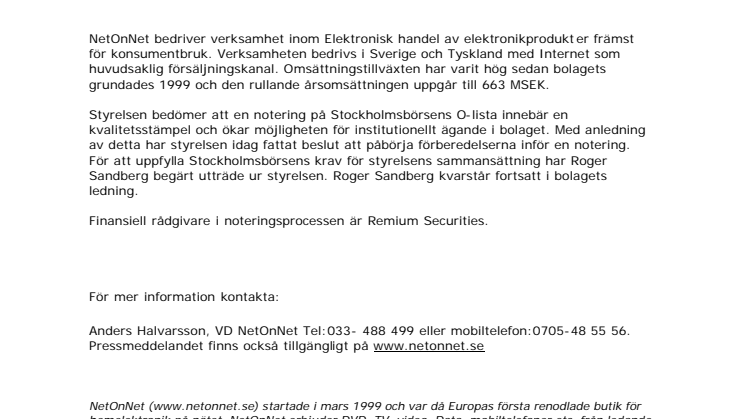 NetOnNet AB kommer att ansöka om notering på O-listan