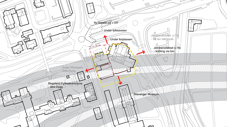De nye tunnelene og sikkerhetssonene går rett under Rogaland Teater og Museum Stavangers bygninger.