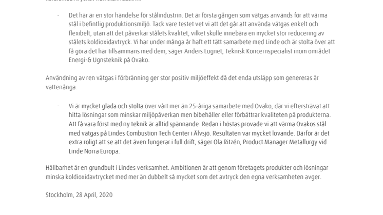 Linde och Ovako först i världen att värma stål med vätgas