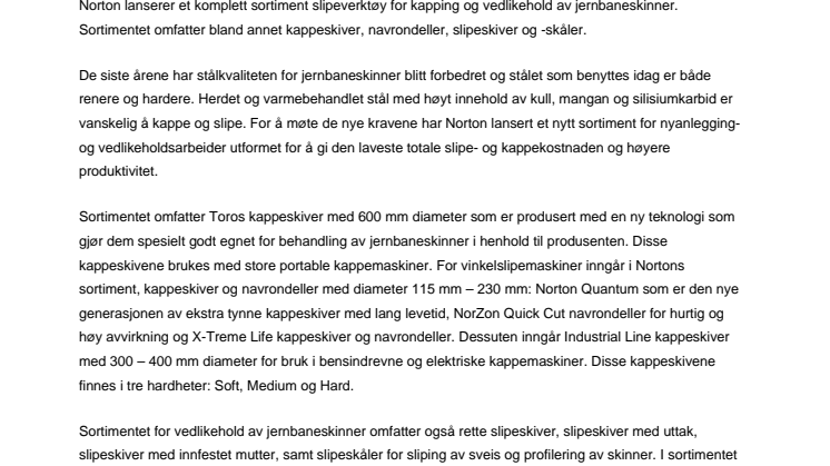 Komplett sortiment kappe- og slipeskiver for jernbaneskinner