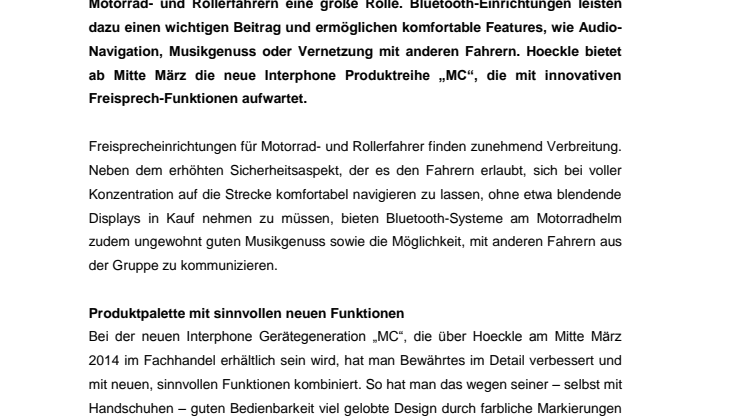 Hoeckle präsentiert neue Interphone Bluetooth-Geräteserie "MC" für Motorradfahrer