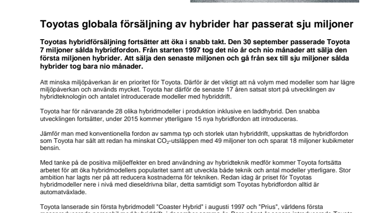 Toyotas globala försäljning av hybrider har passerat sju miljoner