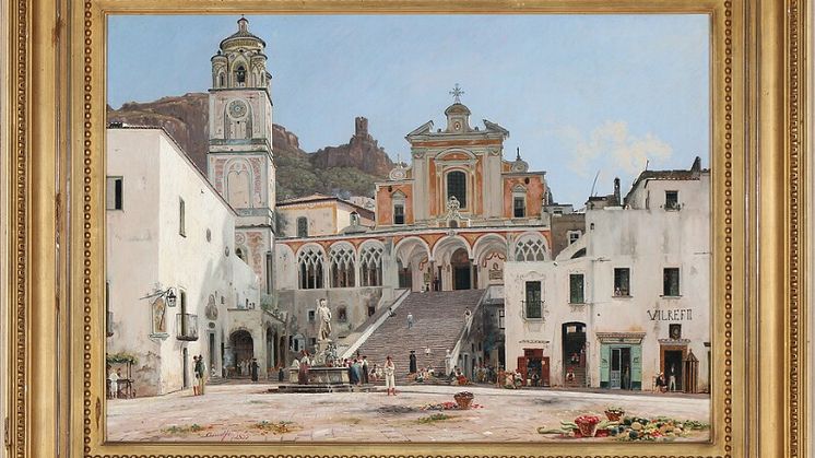 Martinus Rørbye: "Parti af torvet i Amalfi". Usigneret. Dateret Amalfi 1835. Olie på papir monteret på lærred. 44 x 63. Hammerslag 3.000.000 kr.