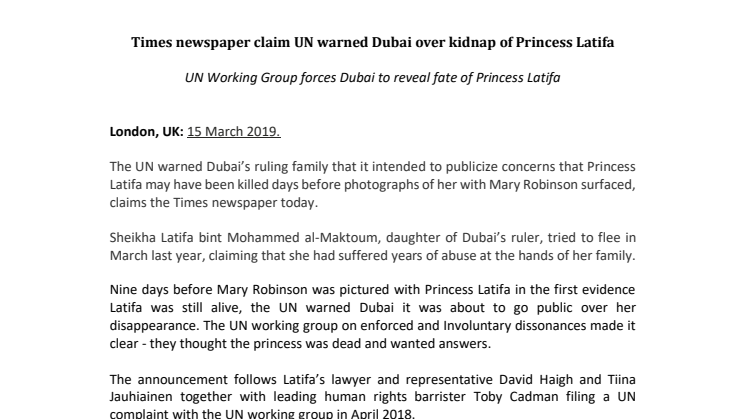 Times newspaper claim UN warned Dubai over kidnap of Princess Latifa