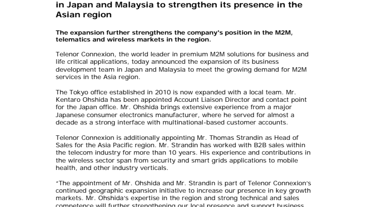 Telenor Connexion expands business development team in Japan and Malaysia to strengthen its presence in the Asian region