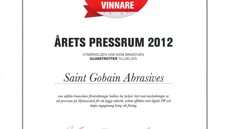 Saint-Gobain Abrasives vinnare av Årets Pressrum 2012