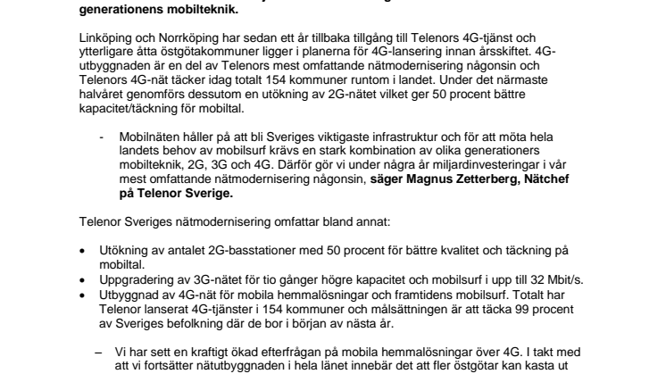Telenor genomför omfattande nätmodernisering – 4G breder ut sig i Östergötland 
