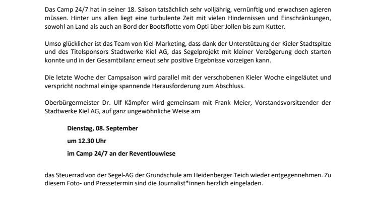 Einladung zum Presse- und Fototermin Saisonabschluss Camp 24/7