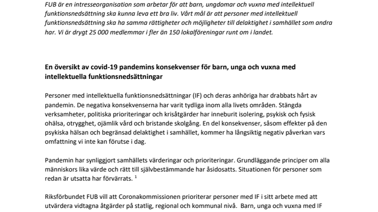 Riksförbundet FUB:s rapport till coronakommissionen november 2020
