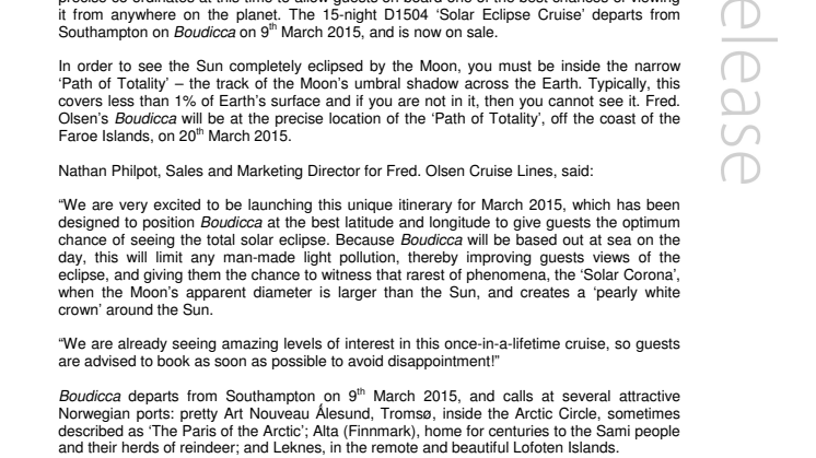 Get the best views of the total solar eclipse in March 2015  with Fred. Olsen Cruise Lines!