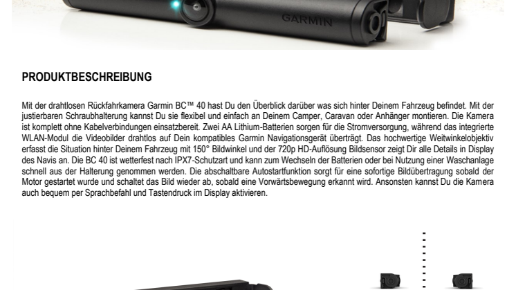 Datenblatt Garmin BC40 Rückfahrkamera mit Schraubhalterung