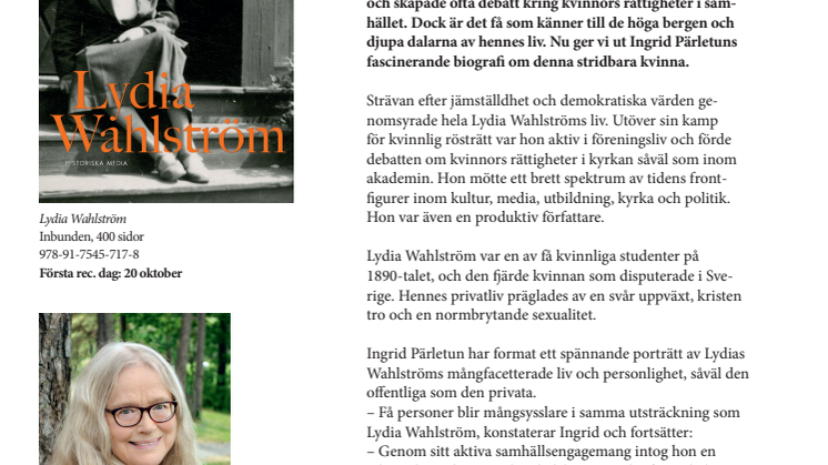 Nu kommer första biografin om Lydia Wahlström – en fartfylld profil i kvinnokampen