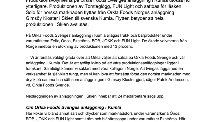 ​​​Orkla flyttar saft- och glöggproduktion från Norge till svenska Kumla