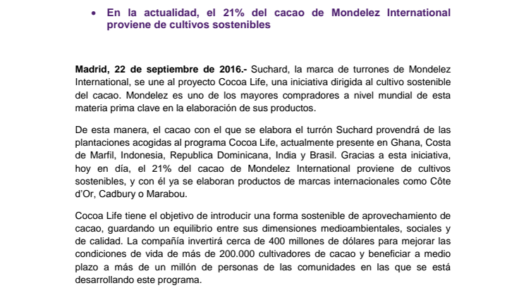 Suchard se une al proyecto Cocoa Life