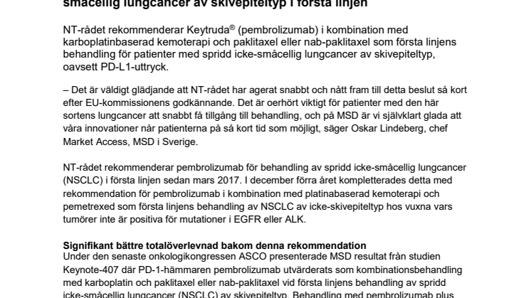 NT-rådet rekommenderar Keytruda® för behandling av icke-småcellig lungcancer av skivepiteltyp i första linjen