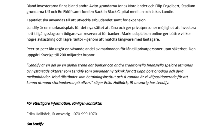 Lendify tar in 70 miljoner kronor 