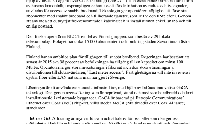 Finsk operatör väljer InCoax för snabb bredbands-access