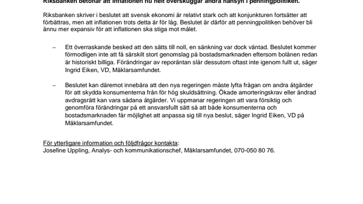 Kommentar från Mäklarsamfundet avseende dagens räntebesked