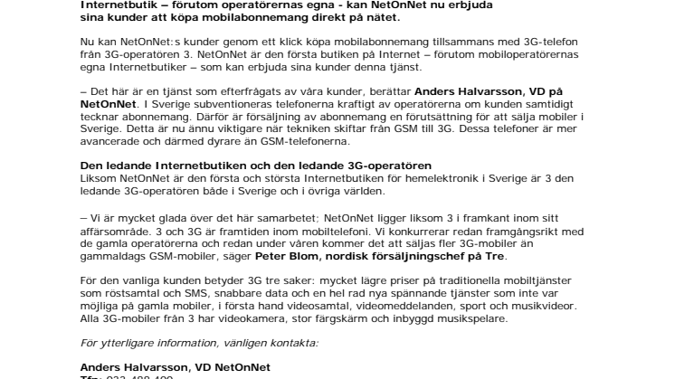 NetOnNet säljer 3G-abonnemang från 3 på nätet
