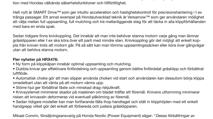 Honda lanserar nya multifunktionella gräsklipparen HRX476